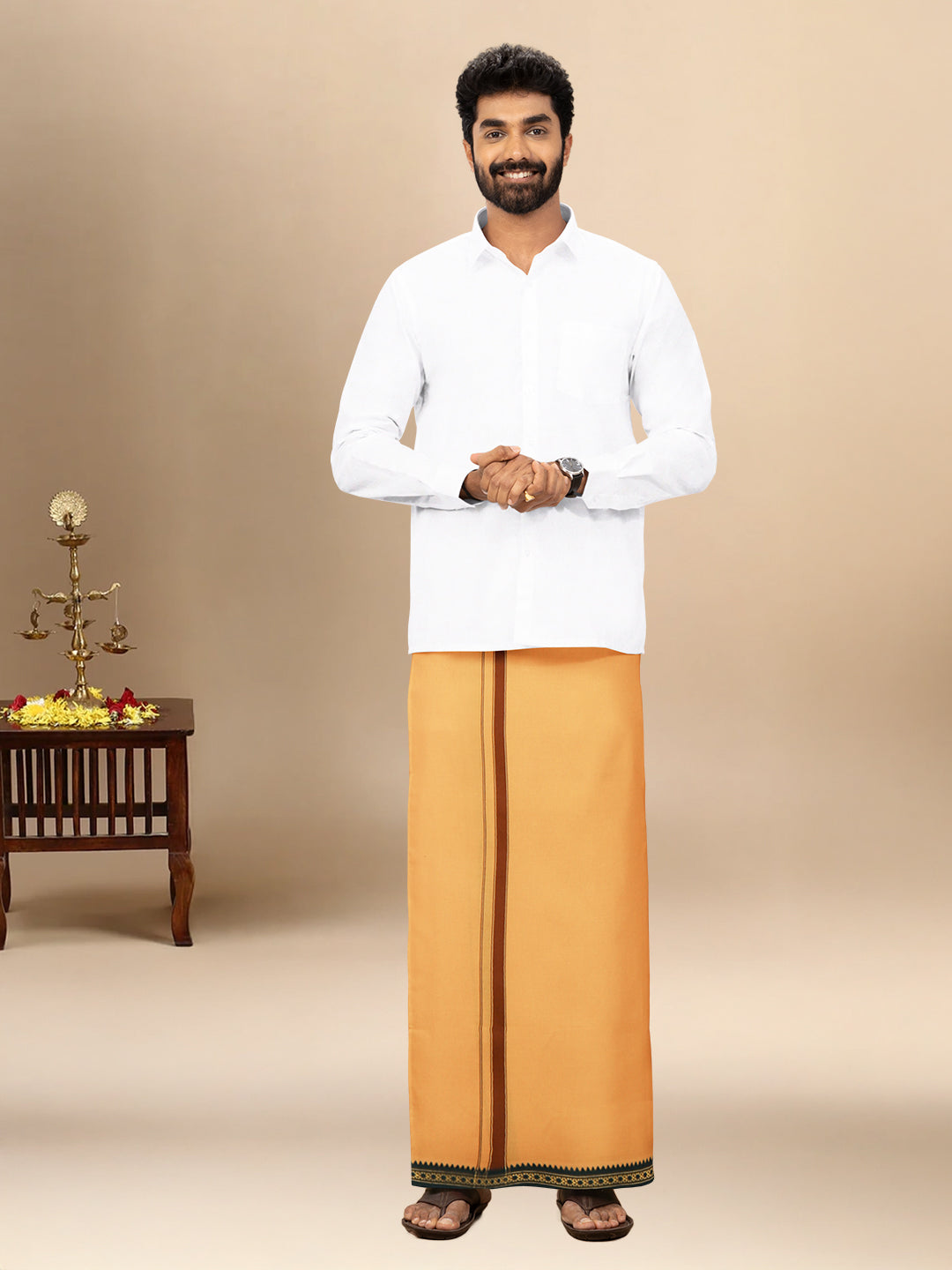 Men 100% Cotton Single Layer Kaavi Dhoti with Mayilkhan Border Slokam (4 Way Dhoti)