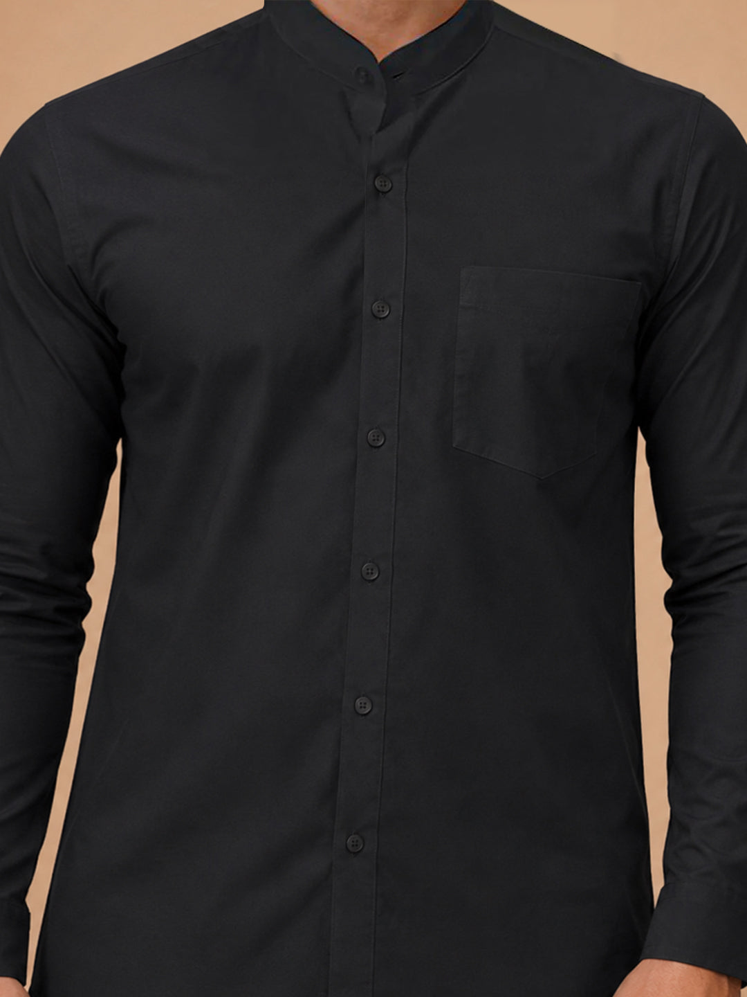 Cotton Rich Chinese Collar Regular Fit Black Shirt