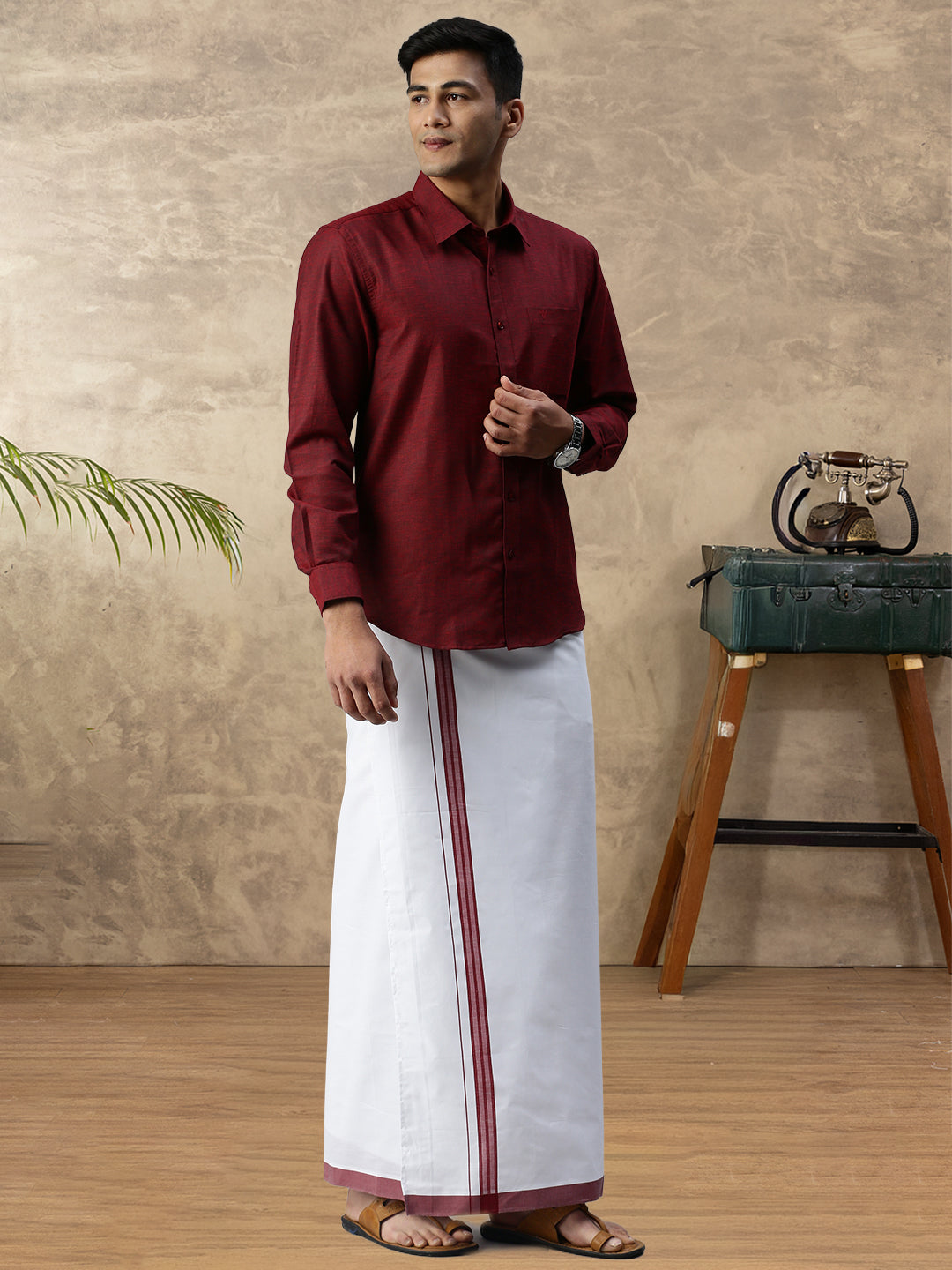Mens Vetti Vaaram Matching Border Dhoti & Shirt Combo Maroon