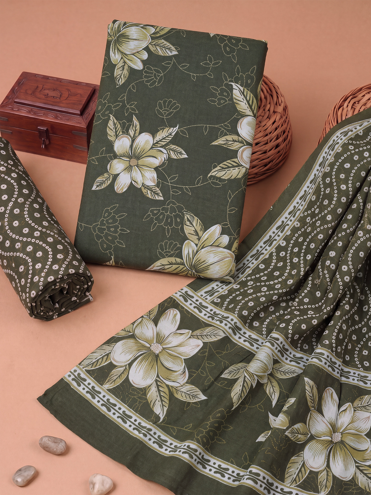 Women Cotton Olive Green Printed Dress Material DM390