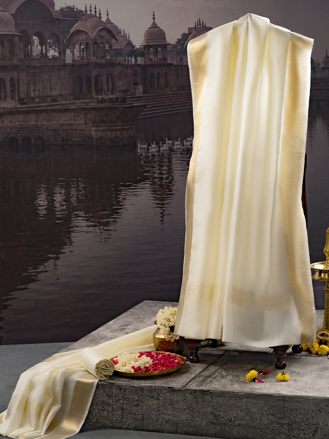 Premium Pure Silk Cream Plain Dhoti Shirting & Towel Set with 3" Jari Border – Rajadharbar