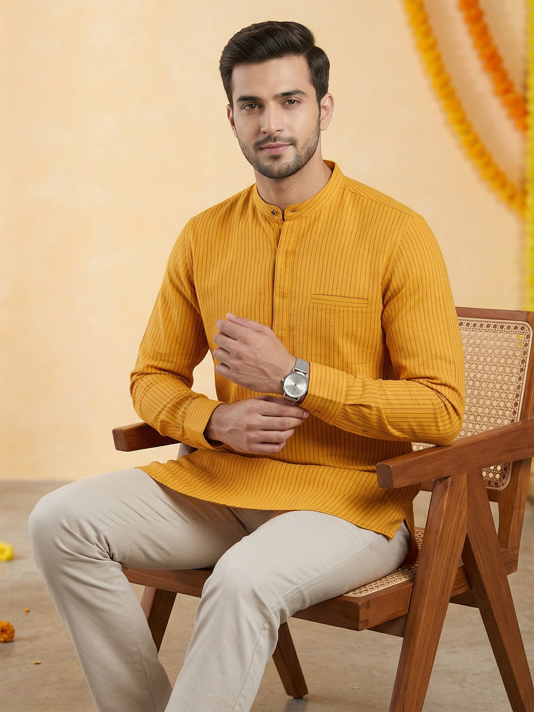 Cotton Short Length Self Design with Stripes Pocket Kurta Orange Saffron Y29