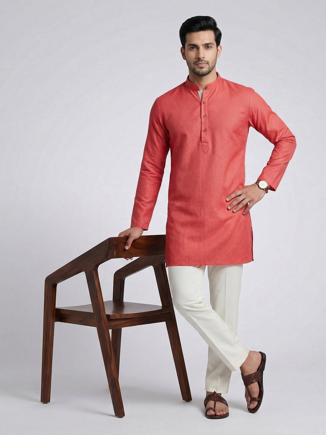 Men Cotton Medium Length Printed Pocket Kurta Reddish Pink MHJ3
