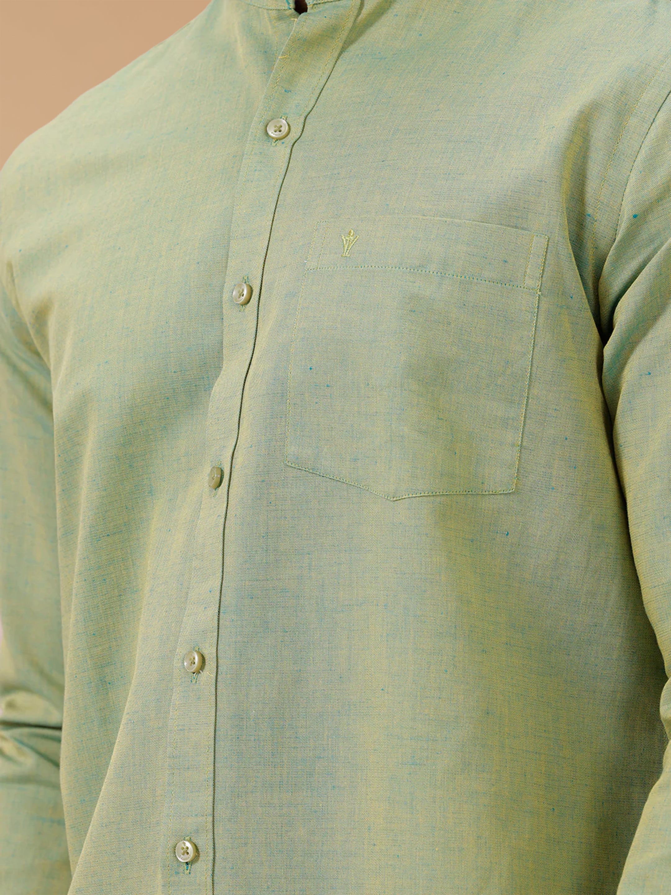 Linen Cotton Yellowish Green Chinese Collar Regular Fit Shirt LF9