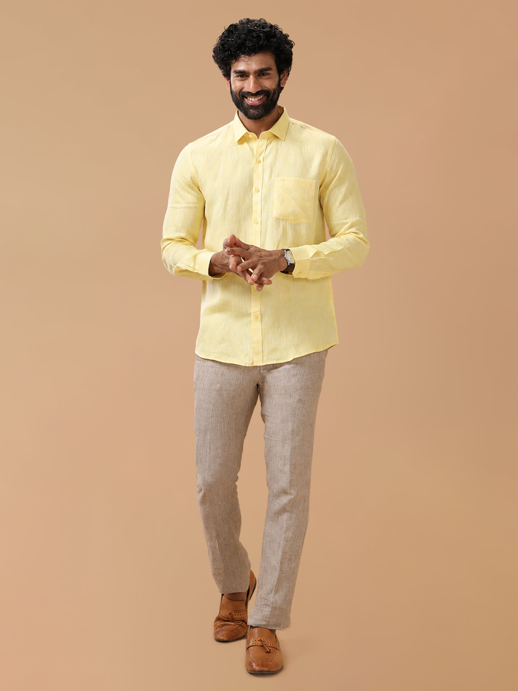 Pure Linen Pale Yellow Smart Fit Shirt L5