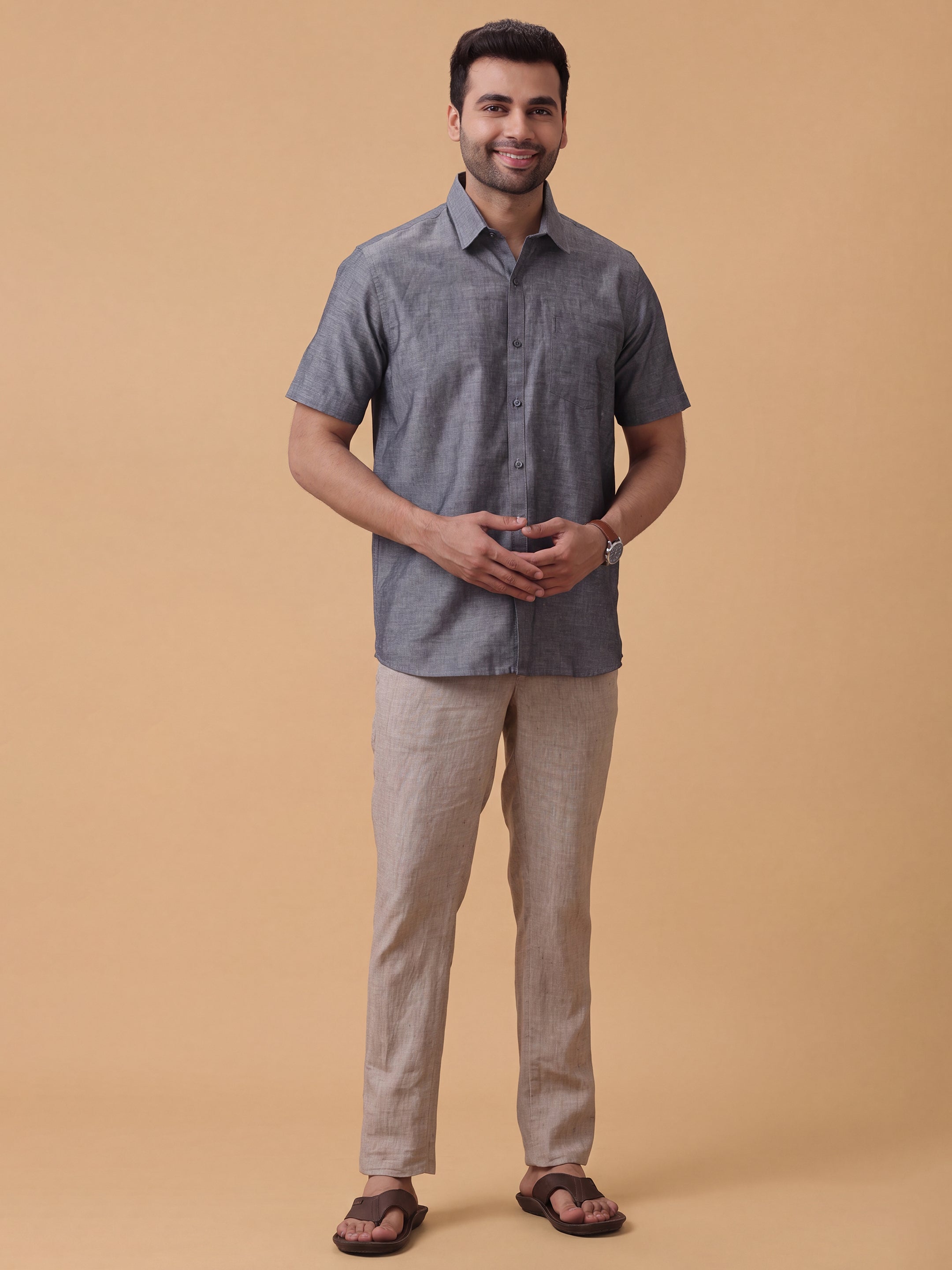 Linen Cotton Grey Regular Fit Shirt LF7
