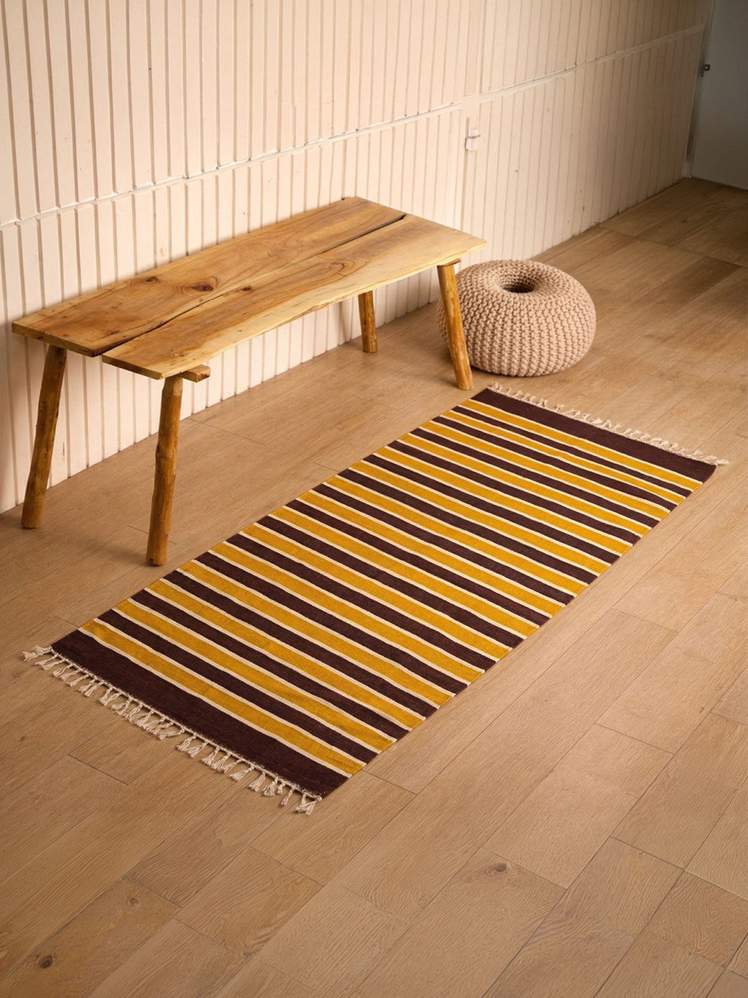 Bhavani Jamakkalam / Handwoven Cotton Carpet Maroon Base with White & Yellow Stripes (3.25 ft × 6.5 ft)