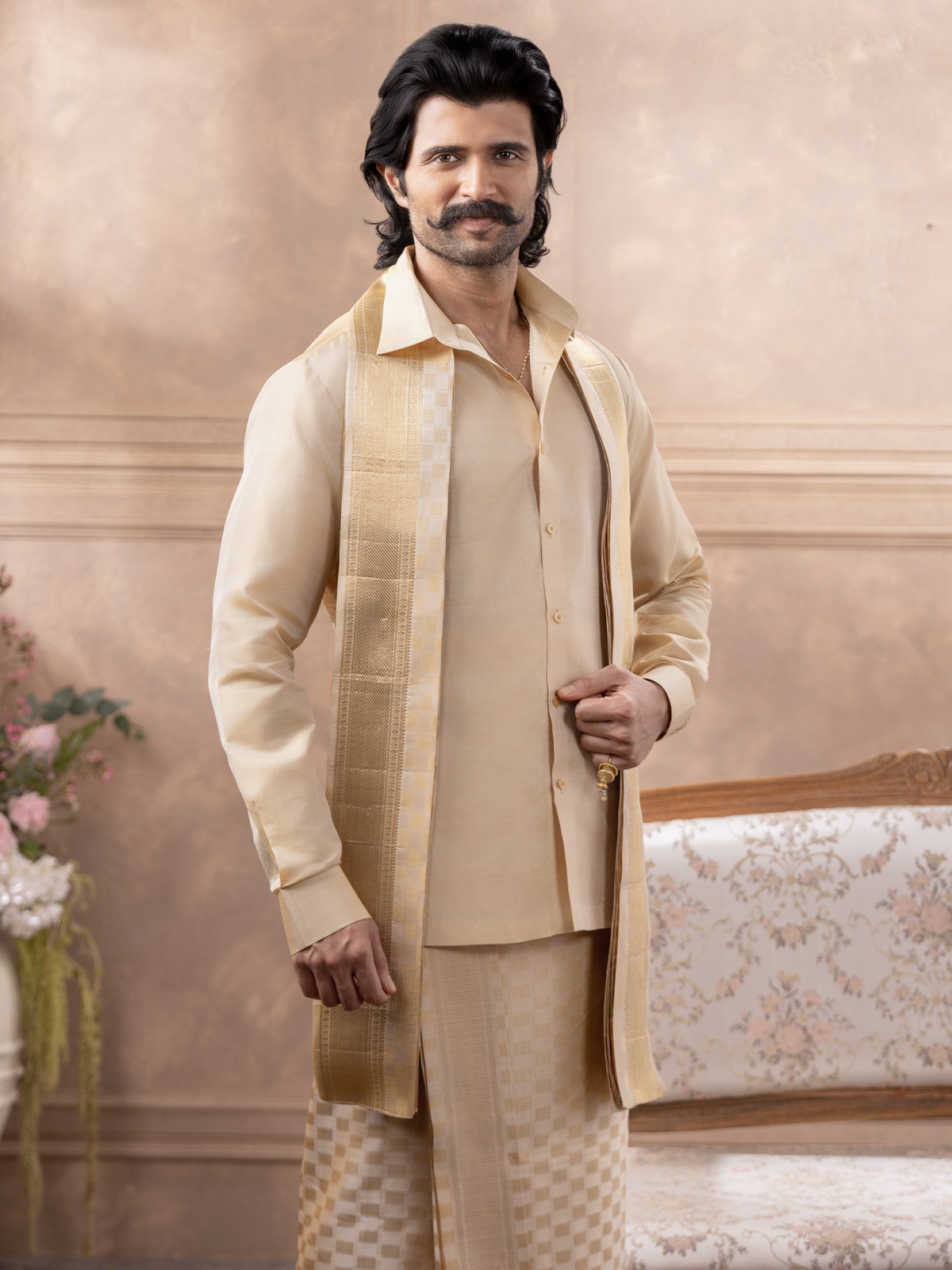 LAGNAA Premium Pure Silk Fawn 3X1 Set | Dhoti / Panchakacham, Shirting Fabric & Towel Set | 3-Inch Jari Border | Rajdharbar
