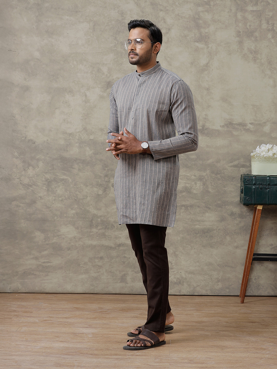 Men Cotton Medium Length Striped Pocket Kurta Brownish Blue RH14