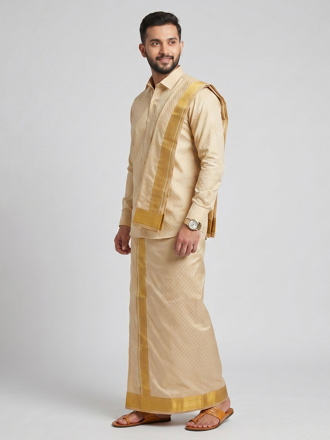 Art Silk Fresh Peach Jacquard Design Shirt Dhoti & Towel Set - FPJD1