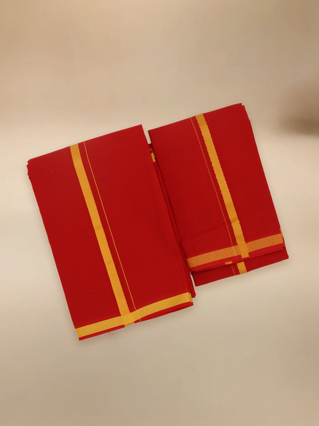 Men Cotton Blend Single Layer Red Dhoti & Towel Set with Yellow Border Poojan