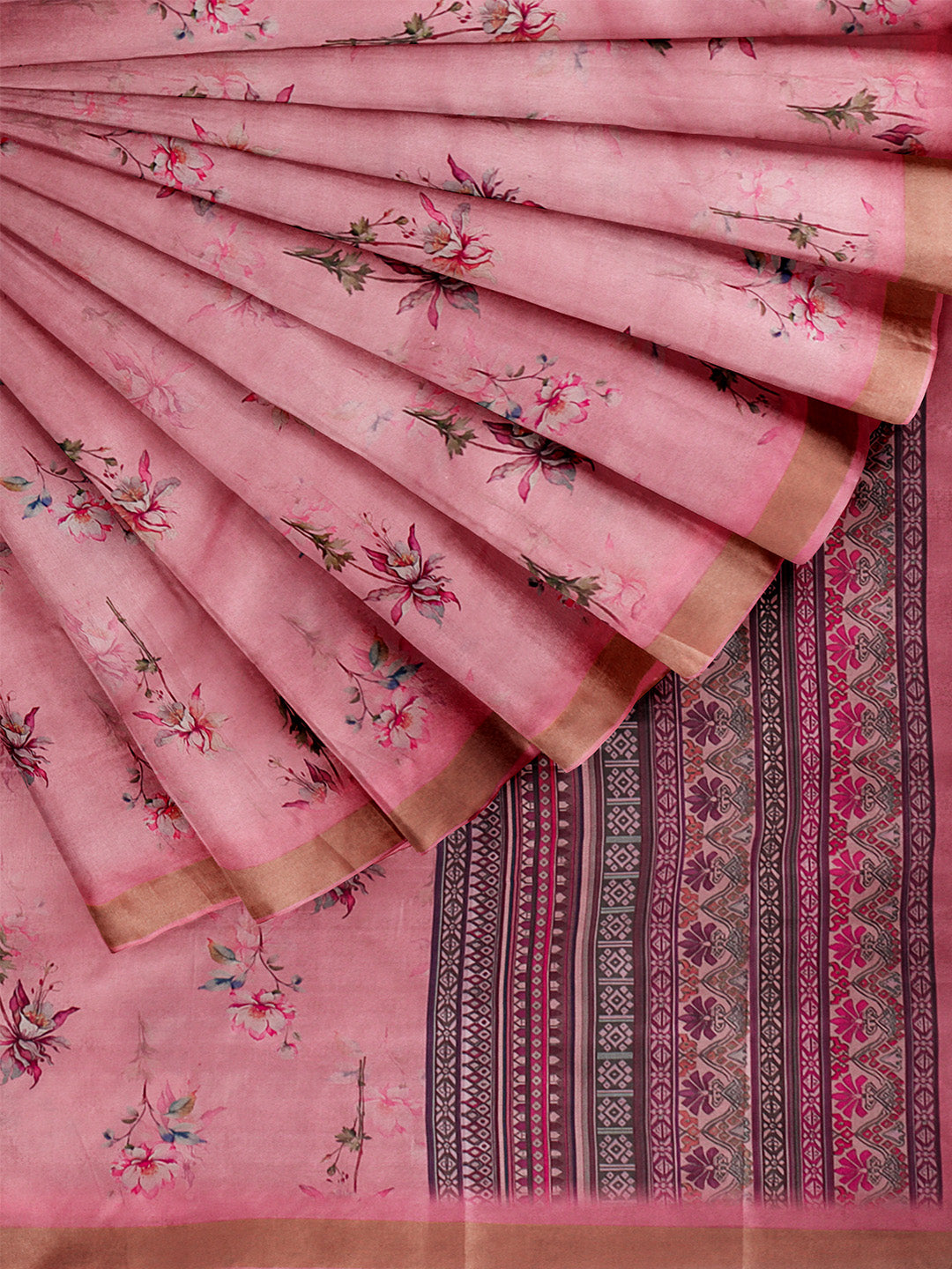 Women Pink Semi Tussar Printed Saree ST250