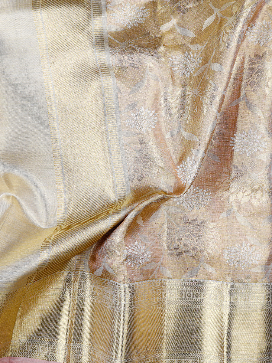 Premium Pure Silk Tissue Jari Dhoti With Angavastram 5" Gold Jari Border Agarshanaa-Close view