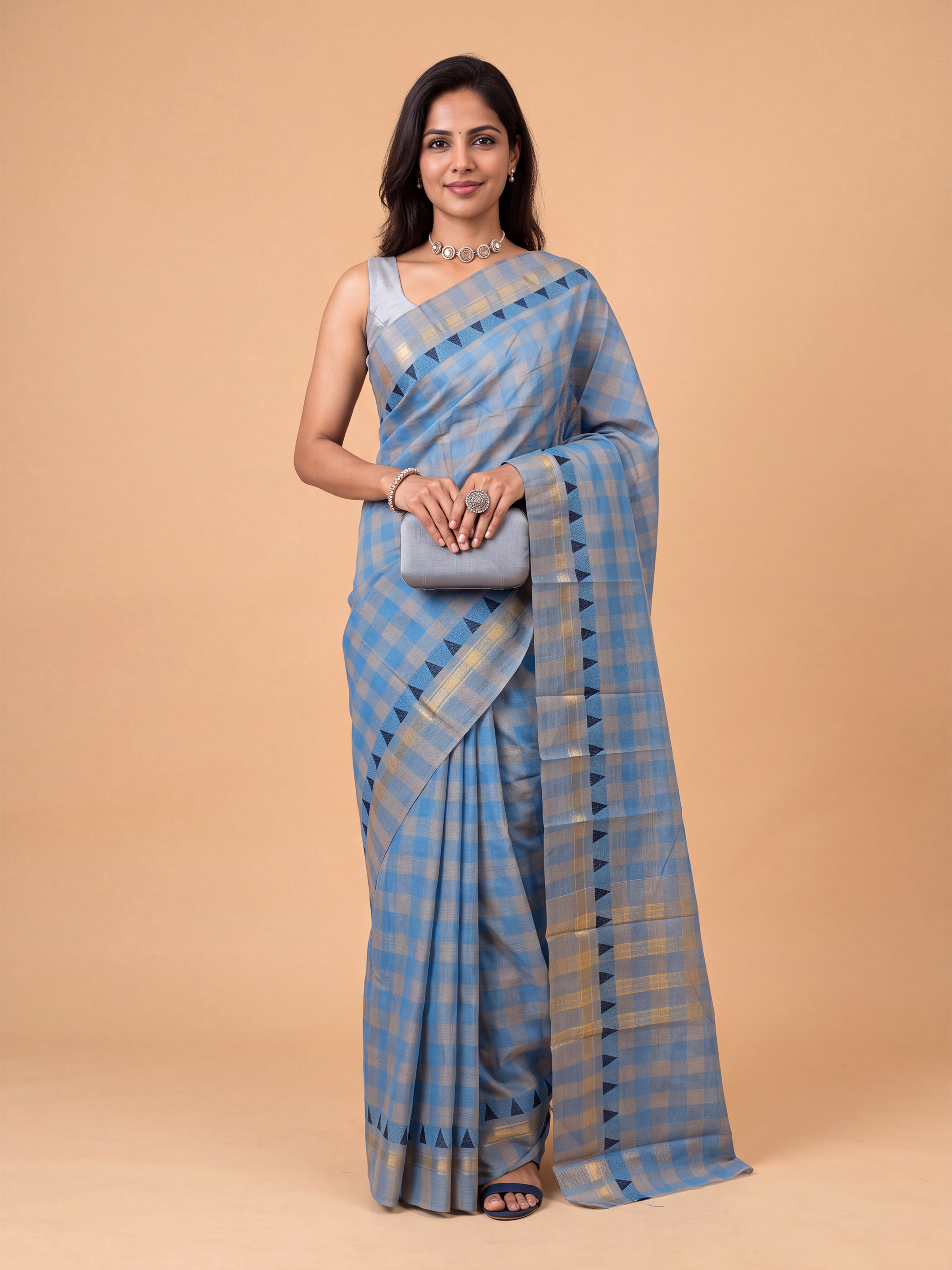 Women Chettinad Cotton Blue Saree CCS04