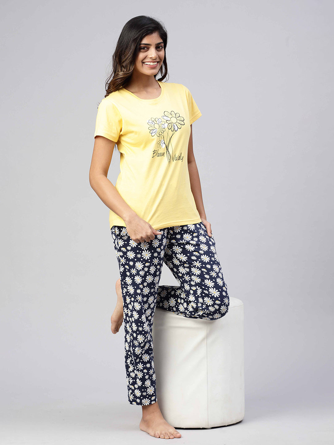 Women Knit Cotton Loungewear Set Yellow
