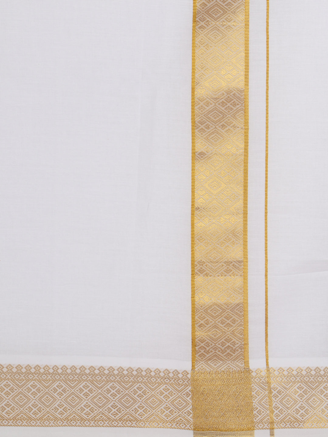 Men Cotton Blend Readymade Single Layer White Dhoti with Gold Jari Border GAA08