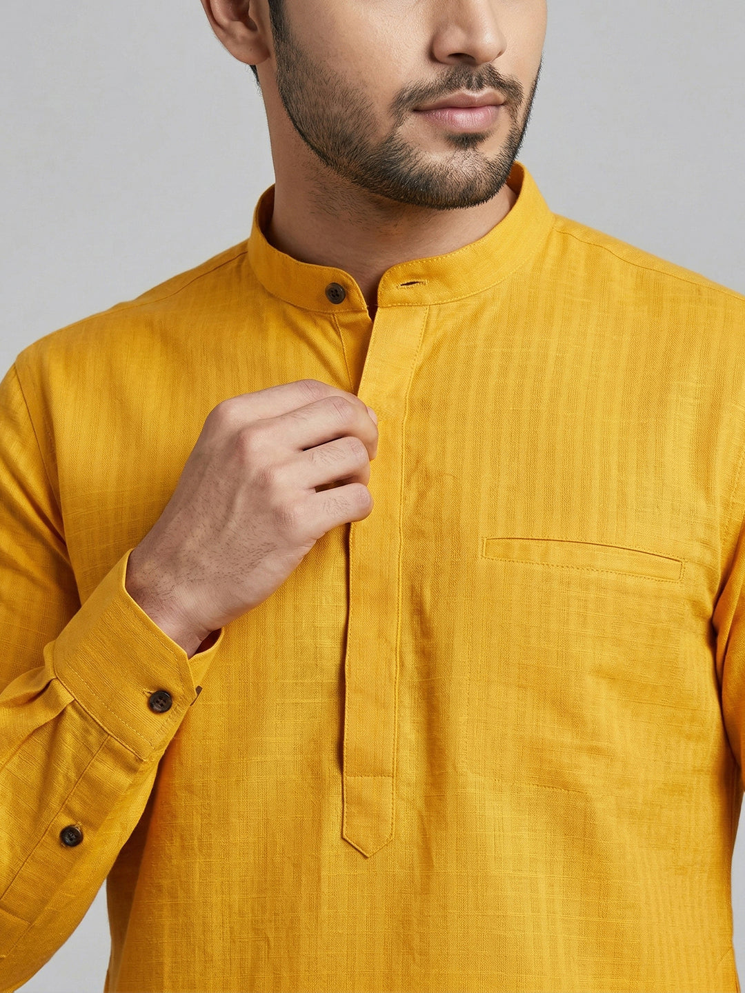 Cotton Short Length Self Design Pocket Kurta Mango Yellow Y28