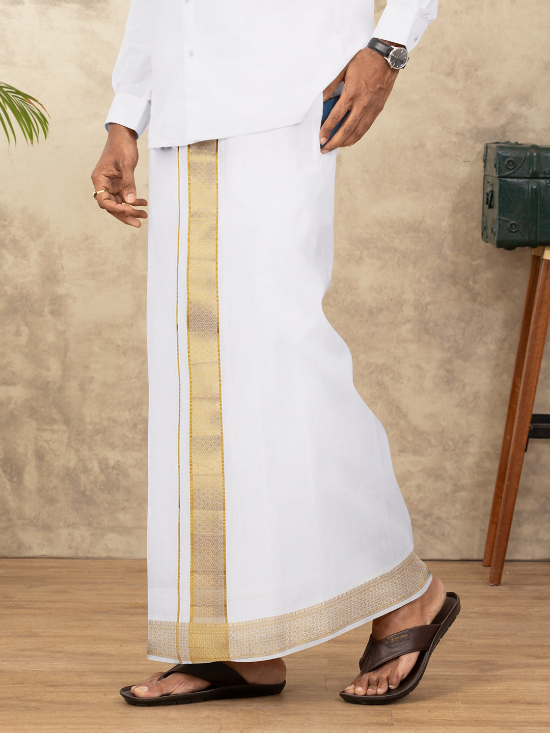 Men Cotton Blend Readymade Single Layer White Dhoti with Gold Jari Border GAA07