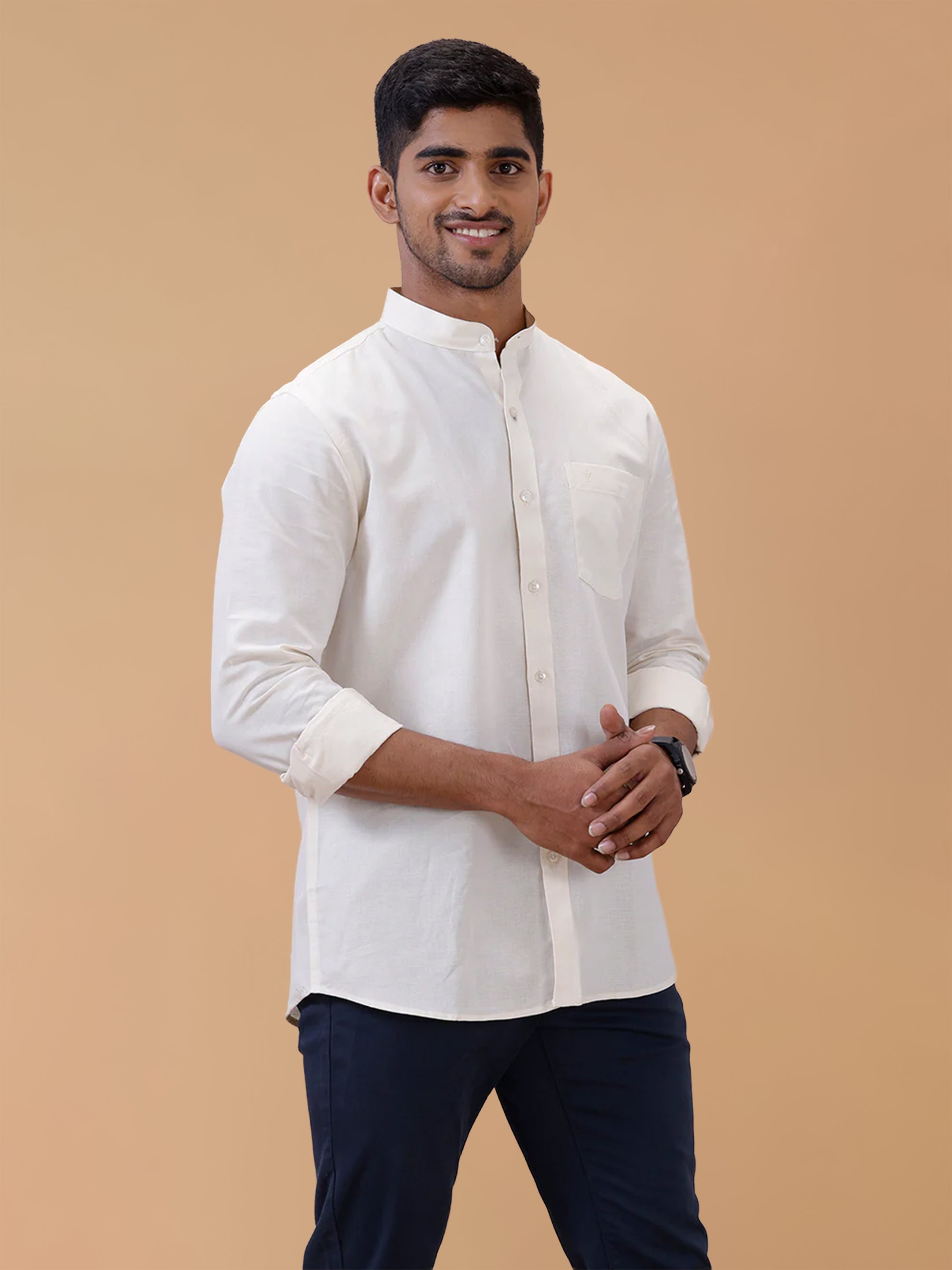 Linen Cotton Cream Chinese Collar Regular Fit Shirt LF12