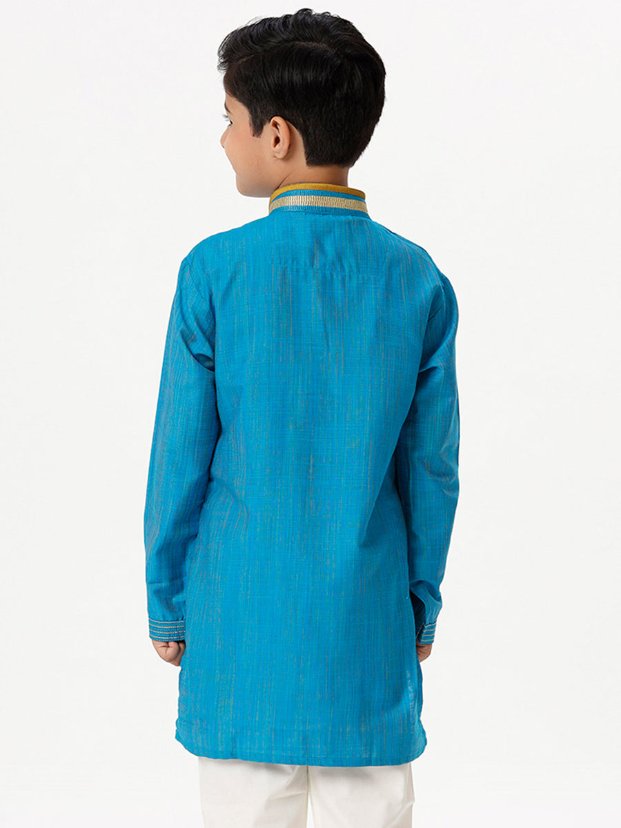Boys Cotton Embellished Neckline Full Sleeves Sky Blue Kurta-Back view