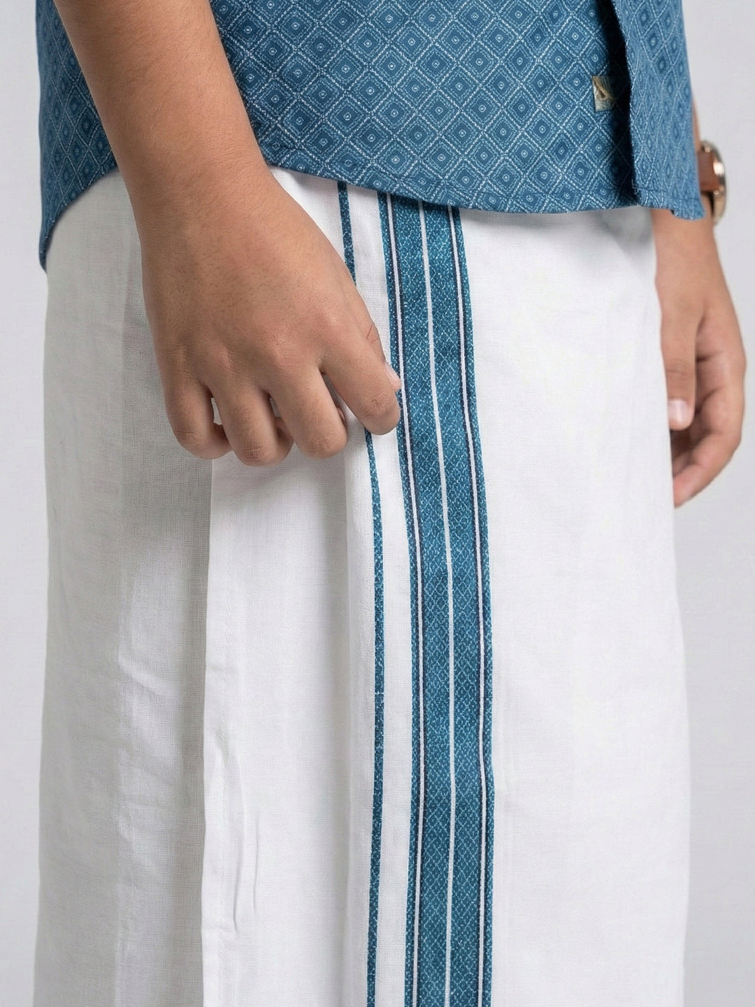 Boys Teal Blue Matching Border Dhoti With Printed Shirt Set Fusion PS27