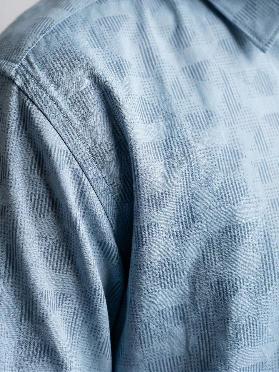 Men Light Blue Matching Border Dhoti With Printed Shirt Set Fusion PS23