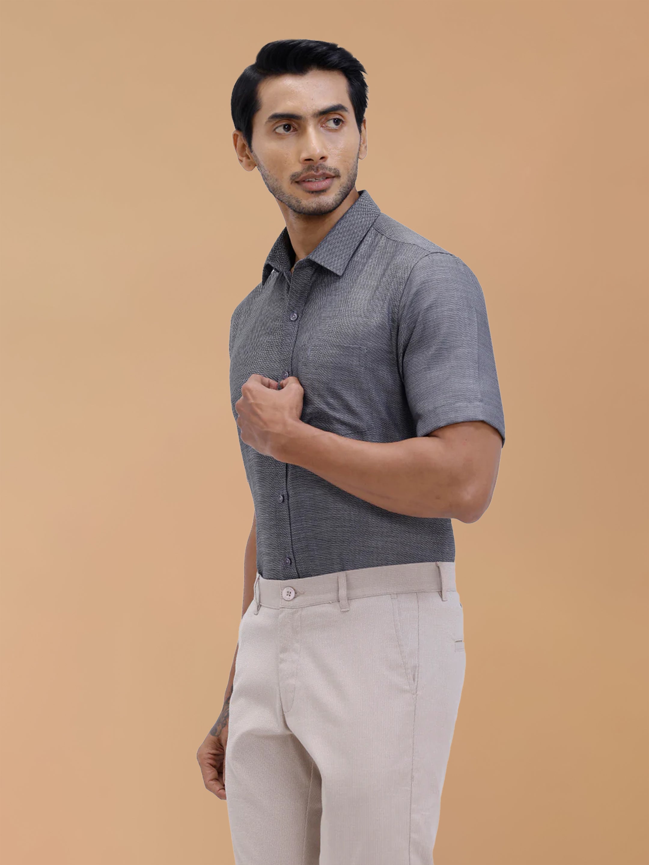 Cotton Rich Grey Black Dobby Regular Fit Shirt T59 AIT5