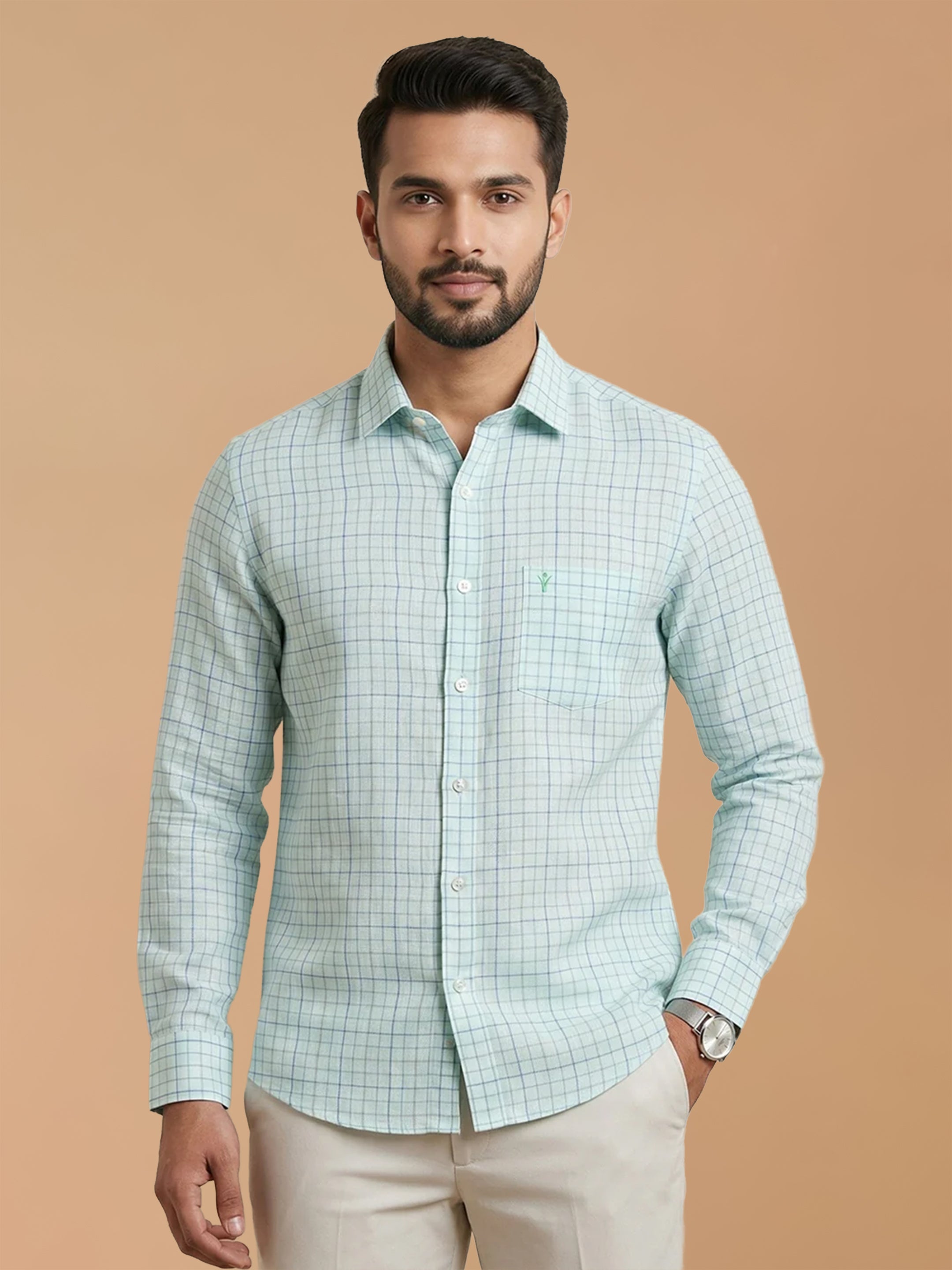 Pure Linen LT Blue Checked Smart Fit Shirt LS147