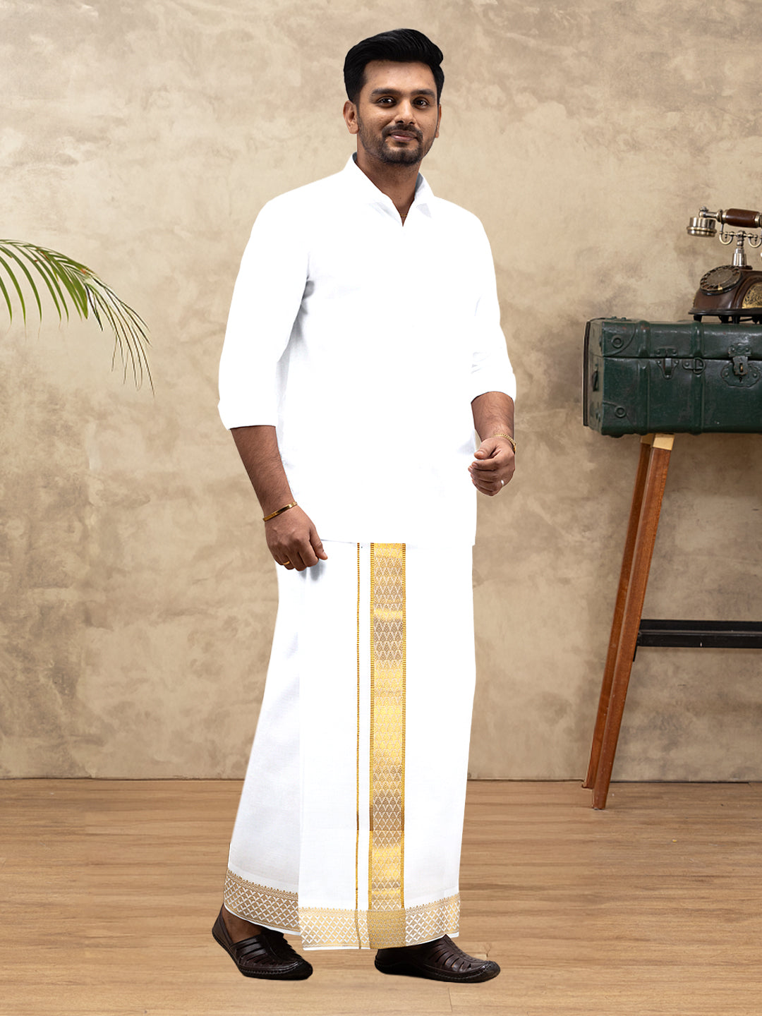 Men 100% Cotton Single Layer White Dhoti with Gold Jari Border Aura 363