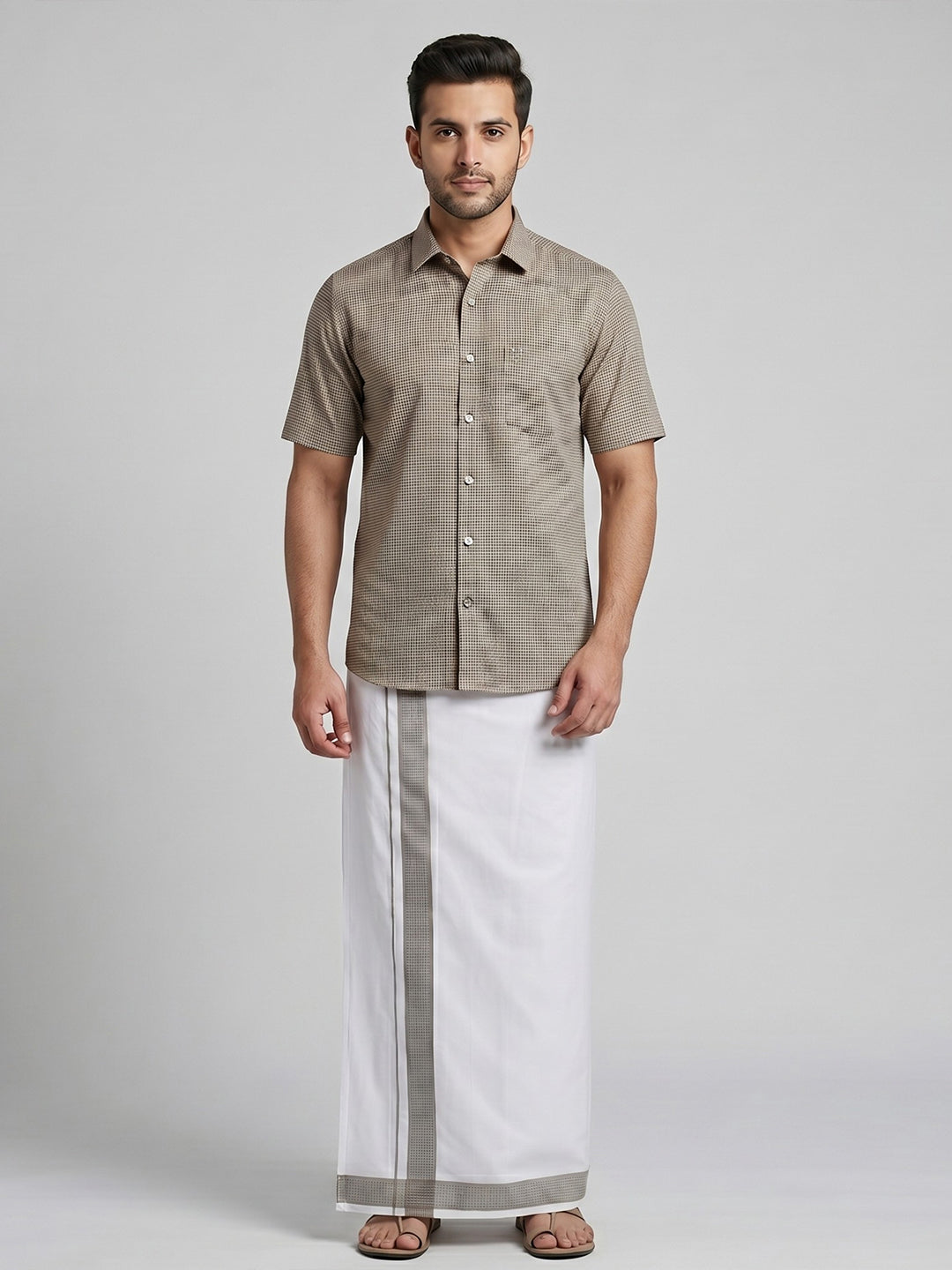 Men Light Grey Matching Border Dhoti With Printed Shirt Set Windsor HNJ2