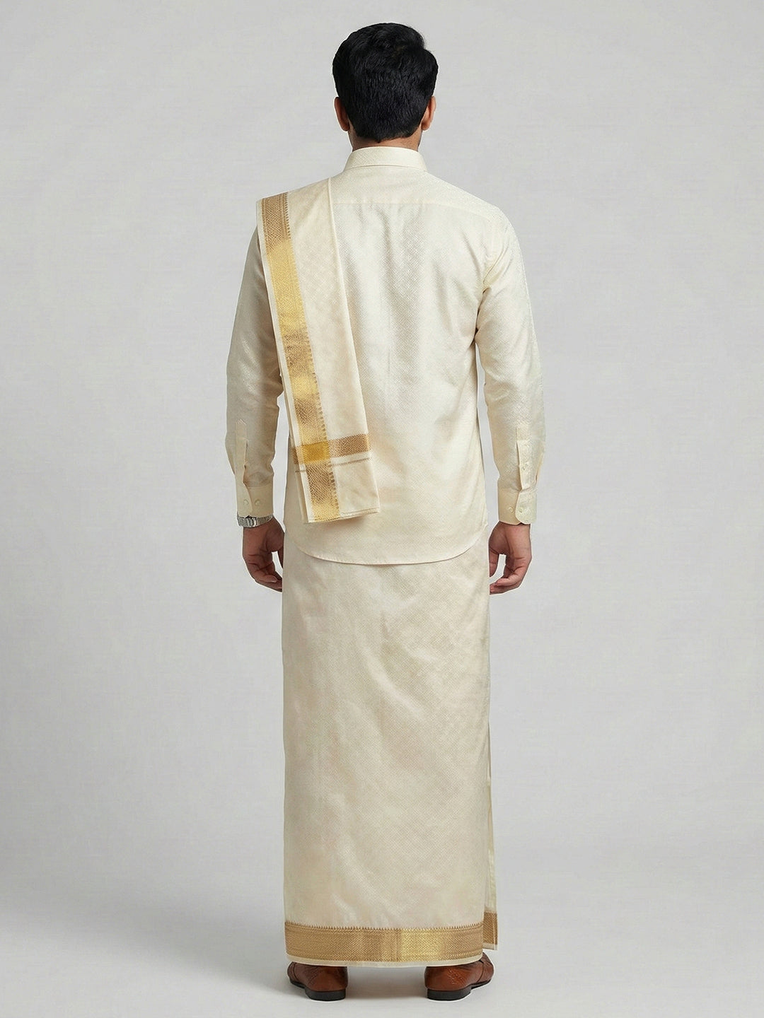 Men Art Silk Self Design Shirt with Readymade Dhoti & Towel Set Cream CRJD4