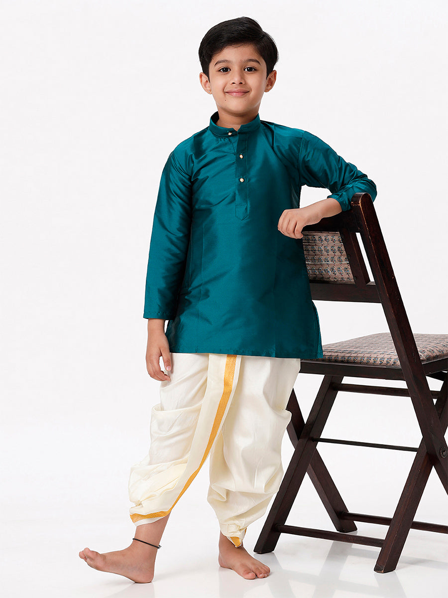 Boys Silk Cotton Full Sleeves Dark Green Kurta-Full view