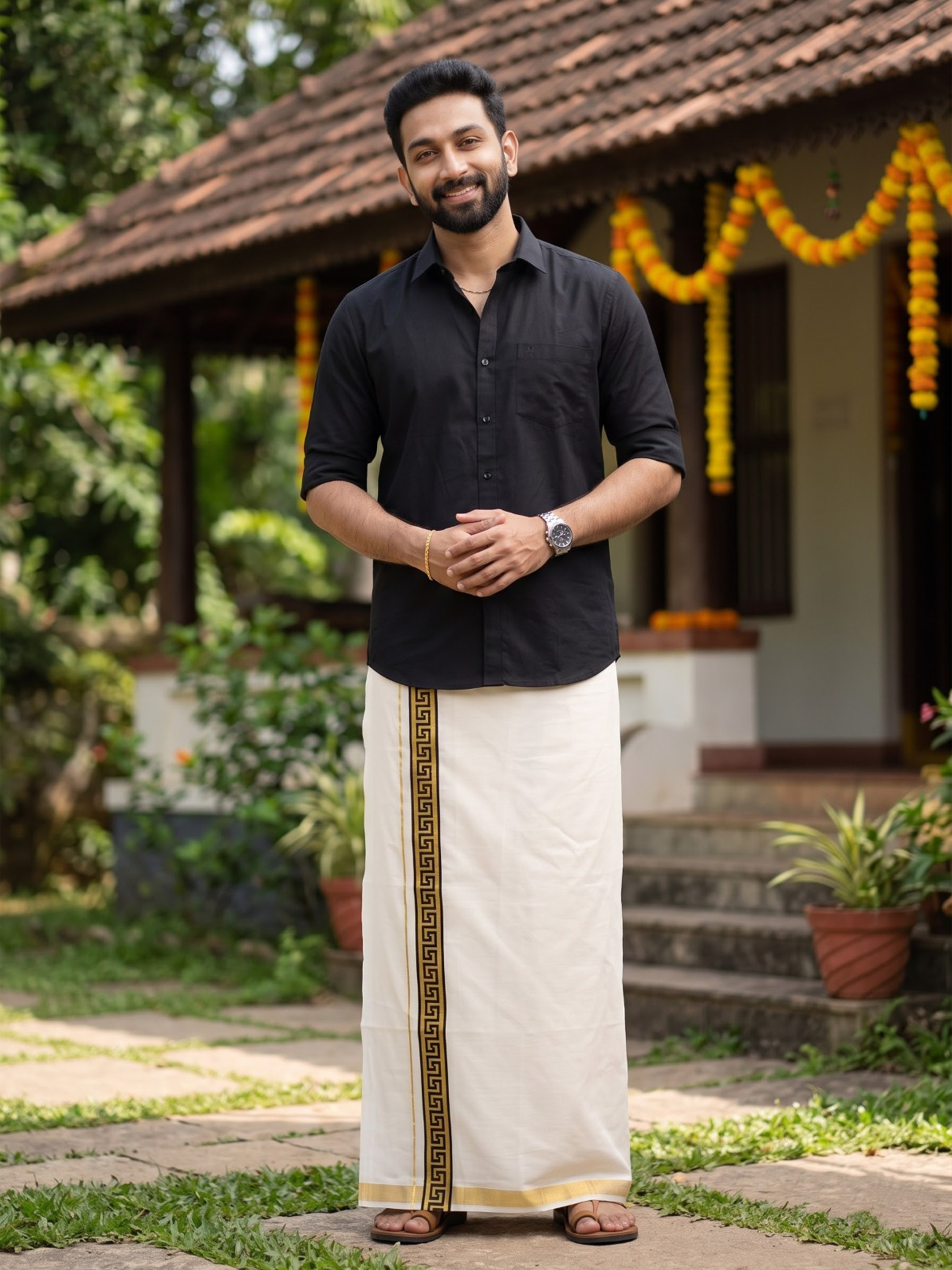 Double Layer Kora Cotton Cream Dhoti with Colour Border - HF Gold HFG01