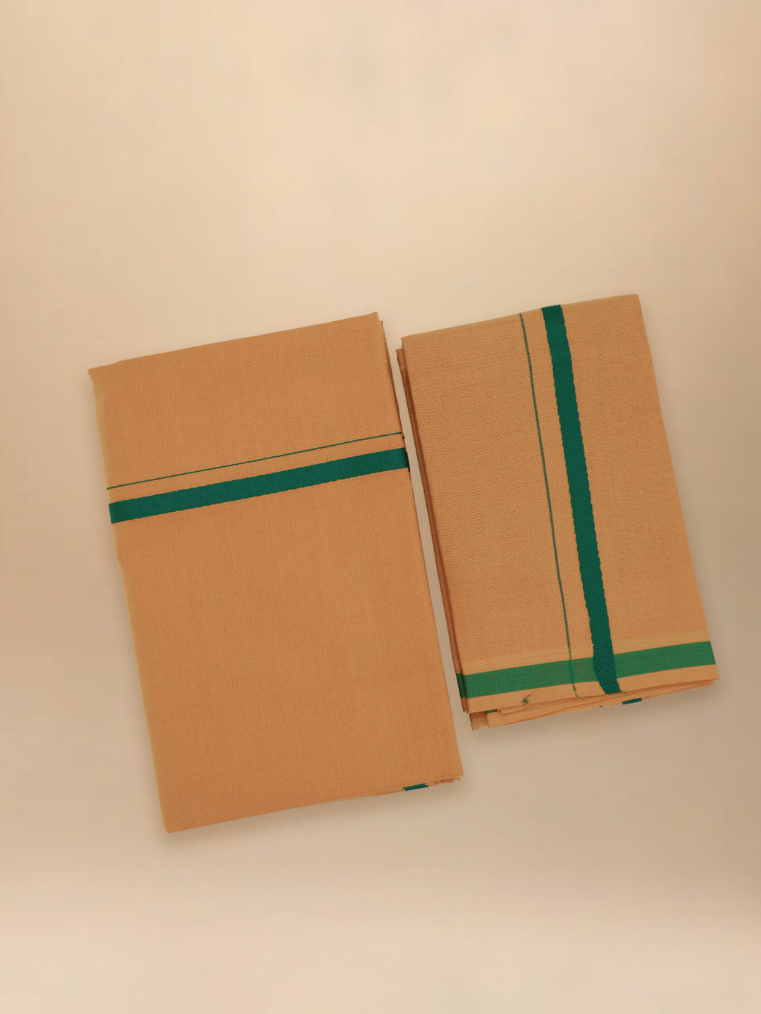 Men Cotton Blend Single Layer Kaavi Dhoti & Towel Set with Green Border Poojan