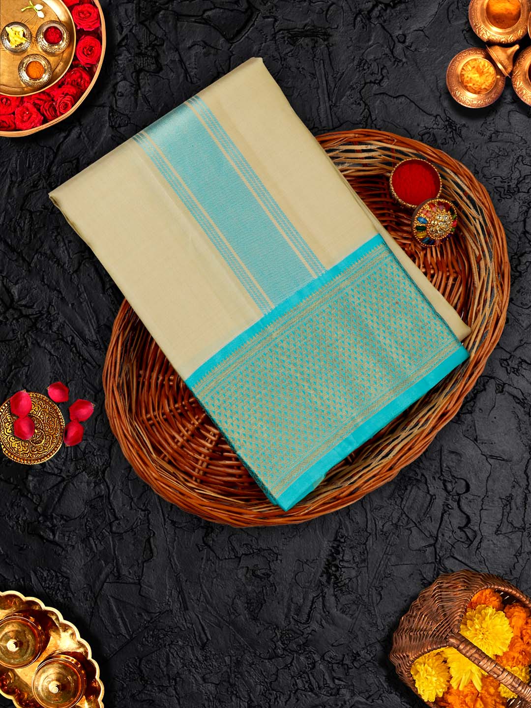 Premium Pure Silk Cream Dhoti With Angavastram 4 1/2" Sky Blue Korvai Jari Border Agarshanaa