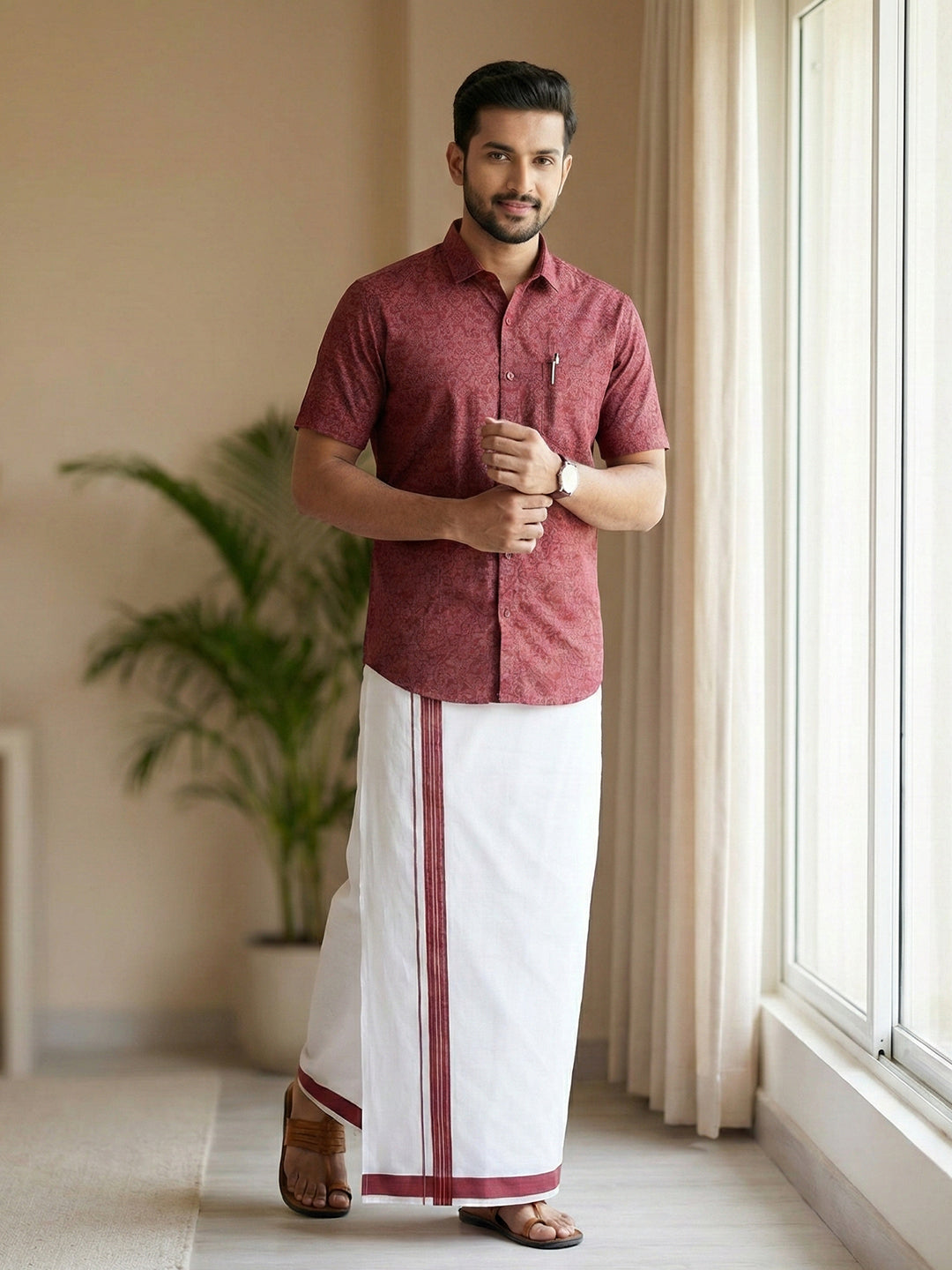 Men Deep Red Matching Border Dhoti With Printed Shirt Set Fusion PS22