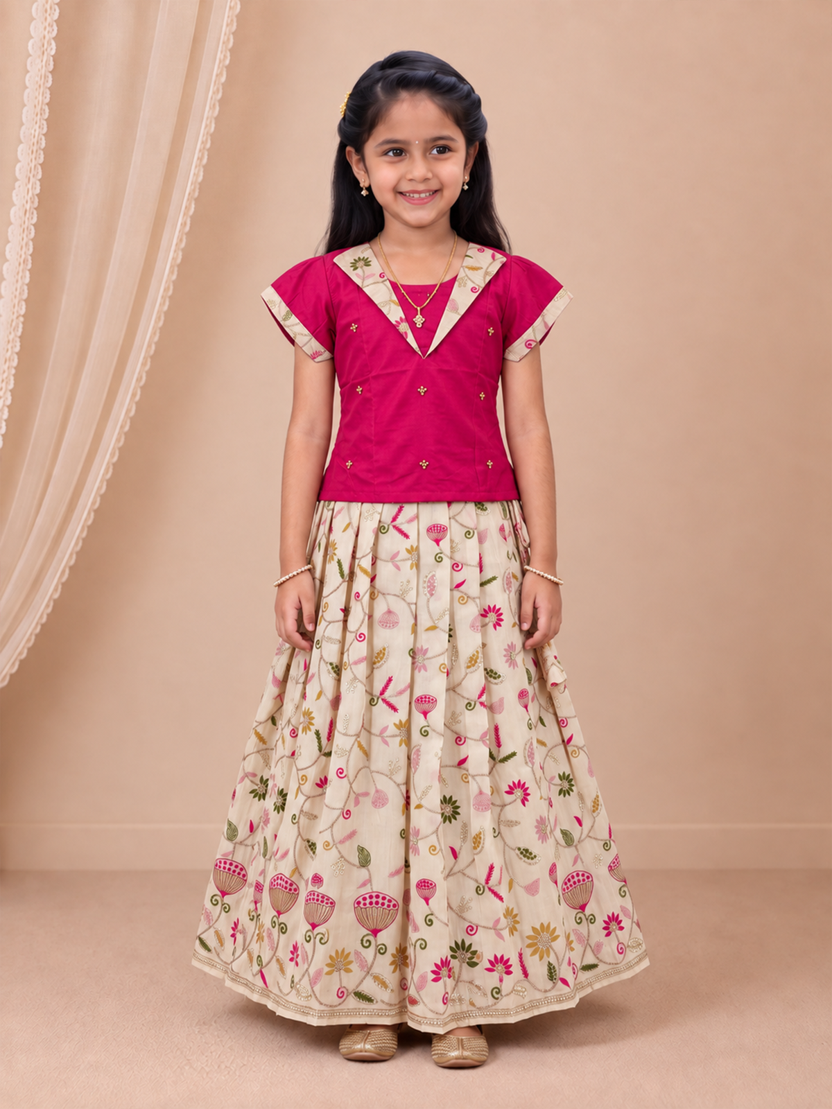 Girls Tissue Dark Pink With Cream Pattu Pavadai Set GPS68