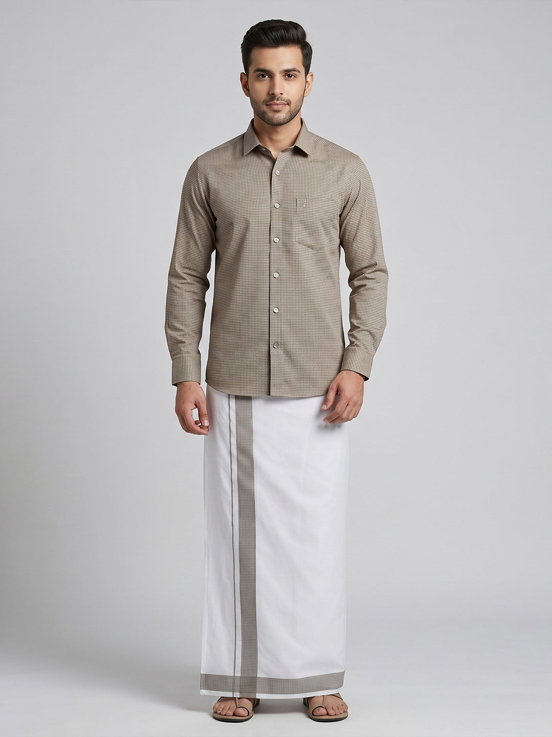 Men Light Grey Matching Border Dhoti With Printed Shirt Set Windsor HNJ2