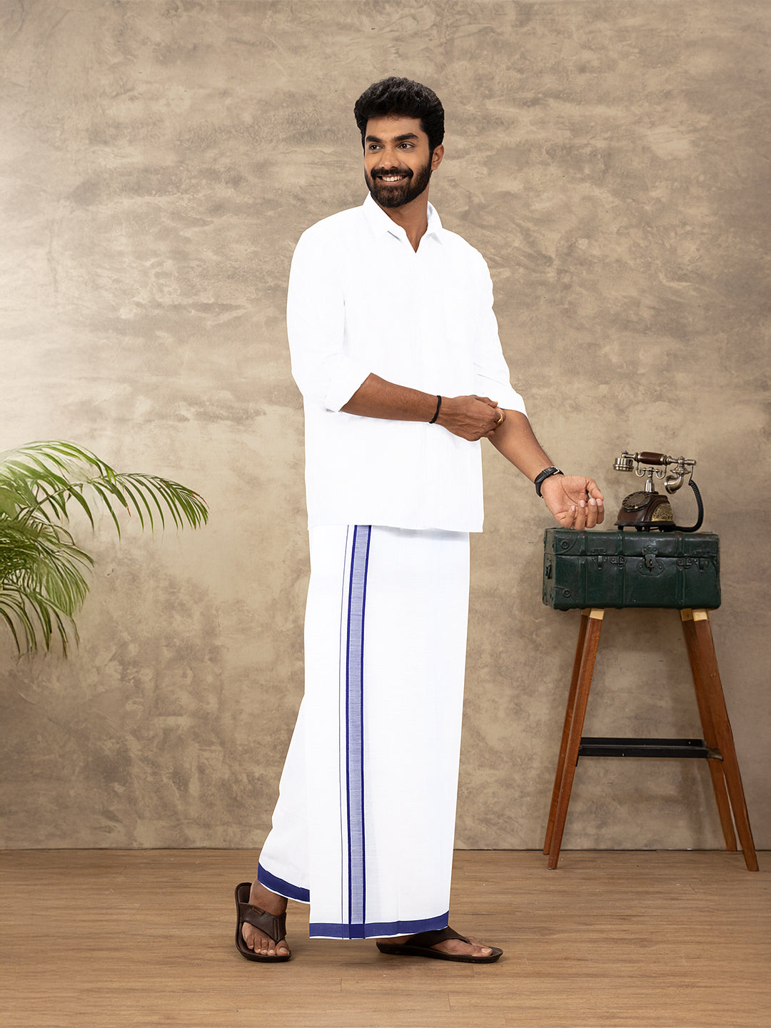 Men Cotton Blend Single Layer White Dhoti with Double Side Fancy Border HM 06