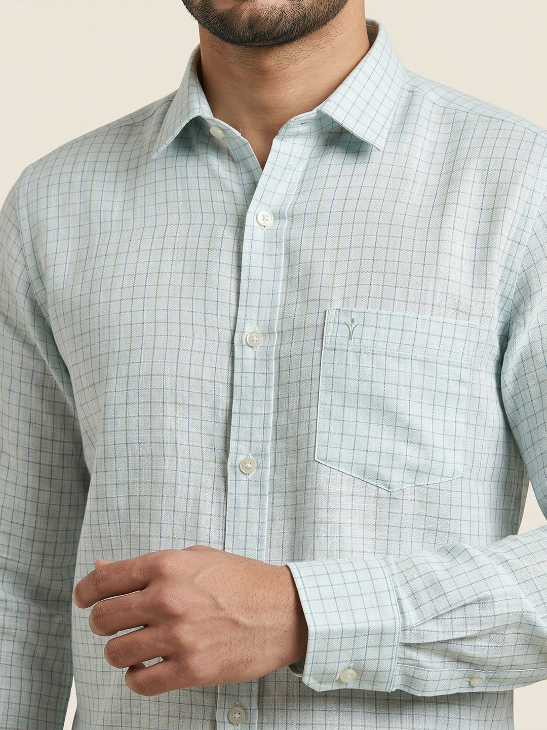 Men Pure Linen Checked Shirt Blue LS147