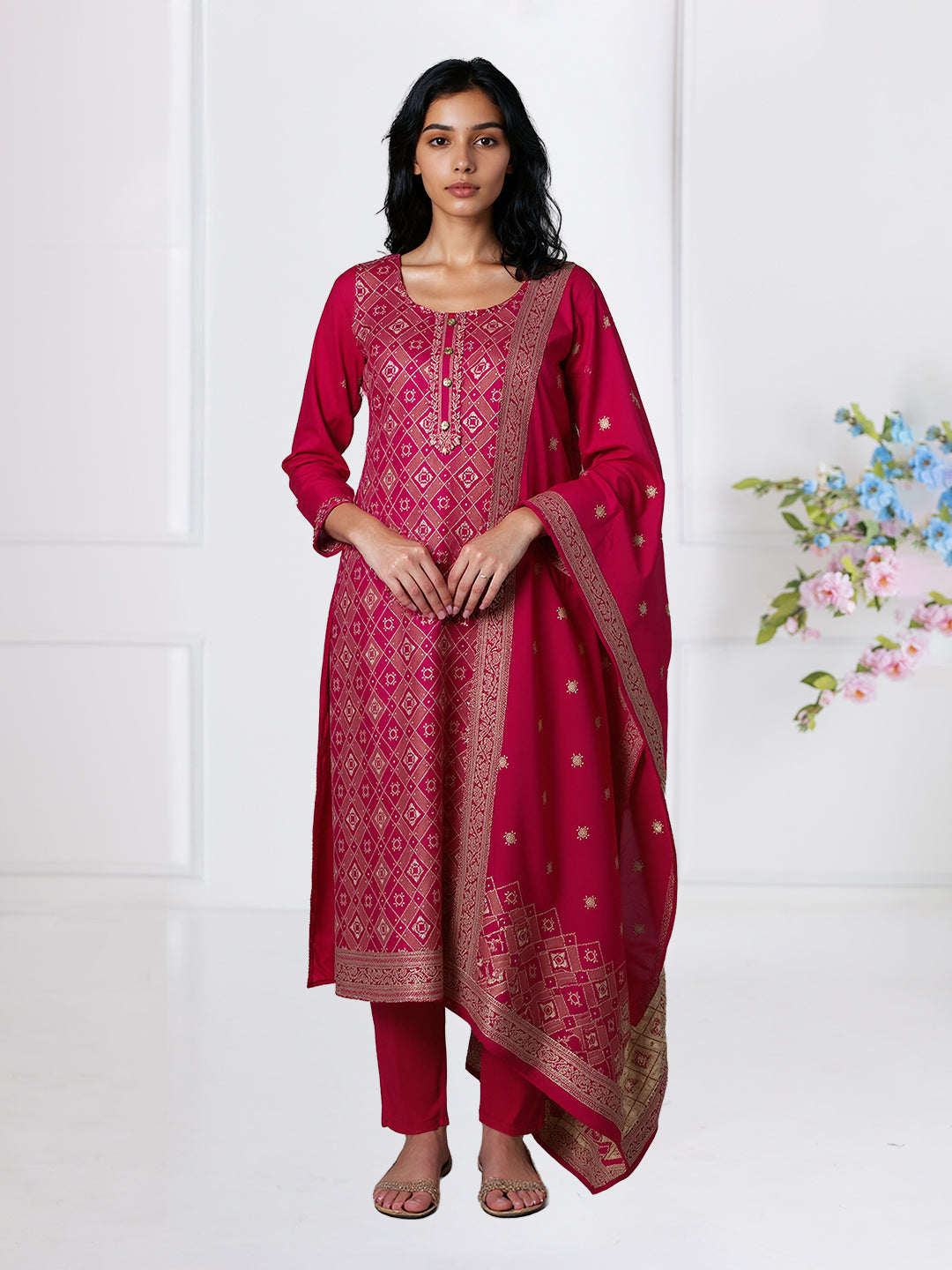 Women Silky Crush Embroidered Kurti Set Red EKS82