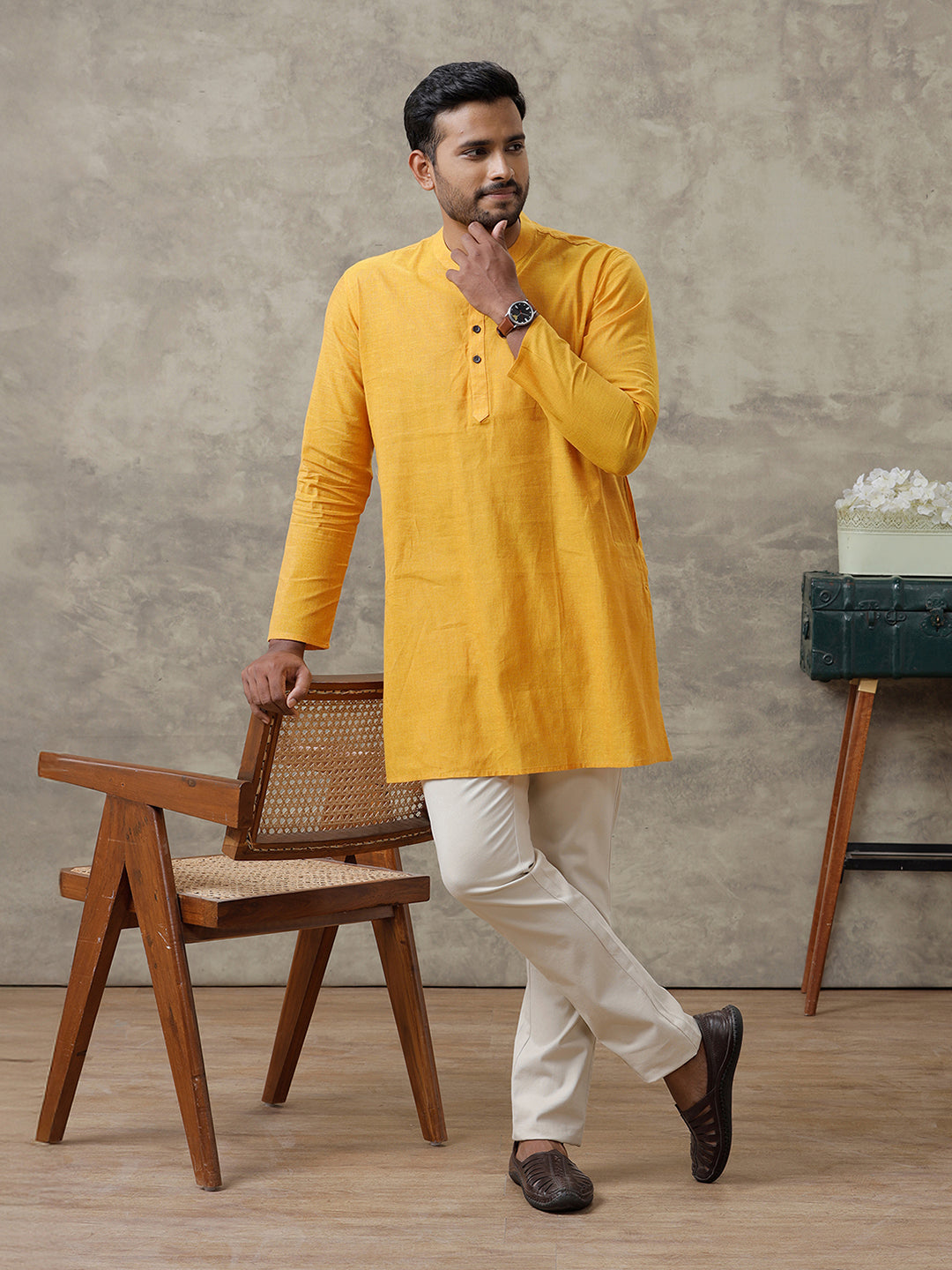 Men Cotton Medium Length Plain Pocket Kurta Chrome Yellow Y22