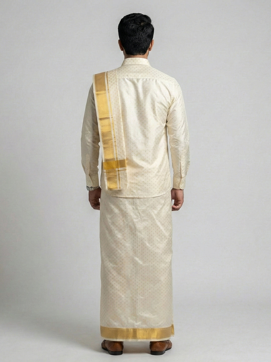 Men Art Silk Self Design Shirt with Readymade Dhoti & Towel Set Cream CRJD5