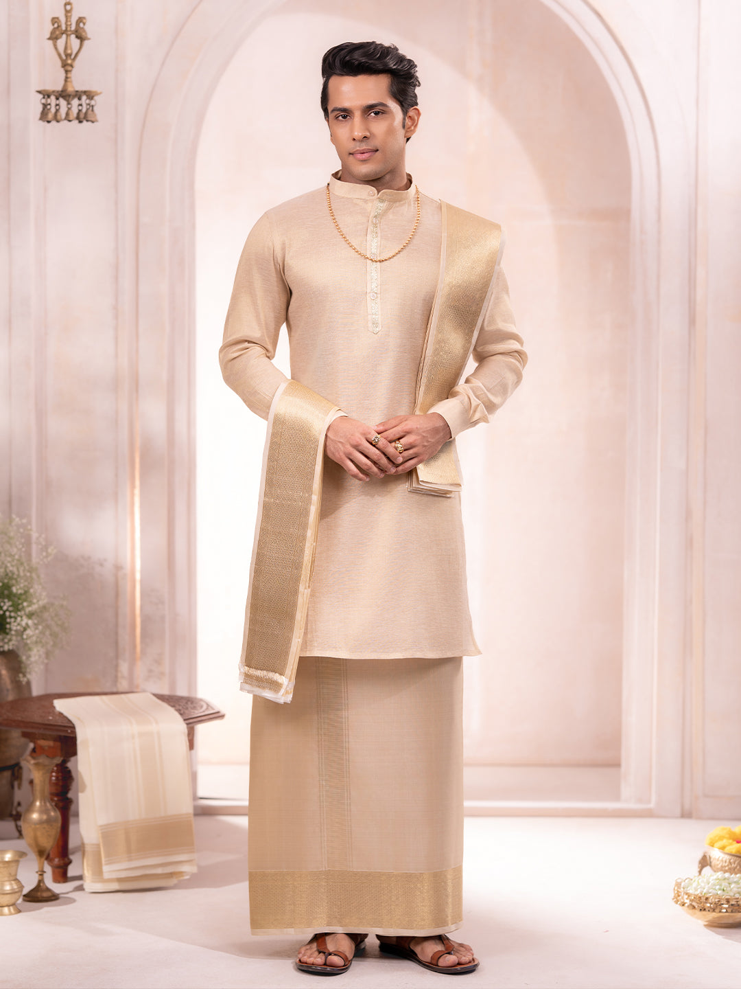 Pure Silk 4" Fawn Wedding Dhoti & Towel Set – Amirtham Plain Dhoti