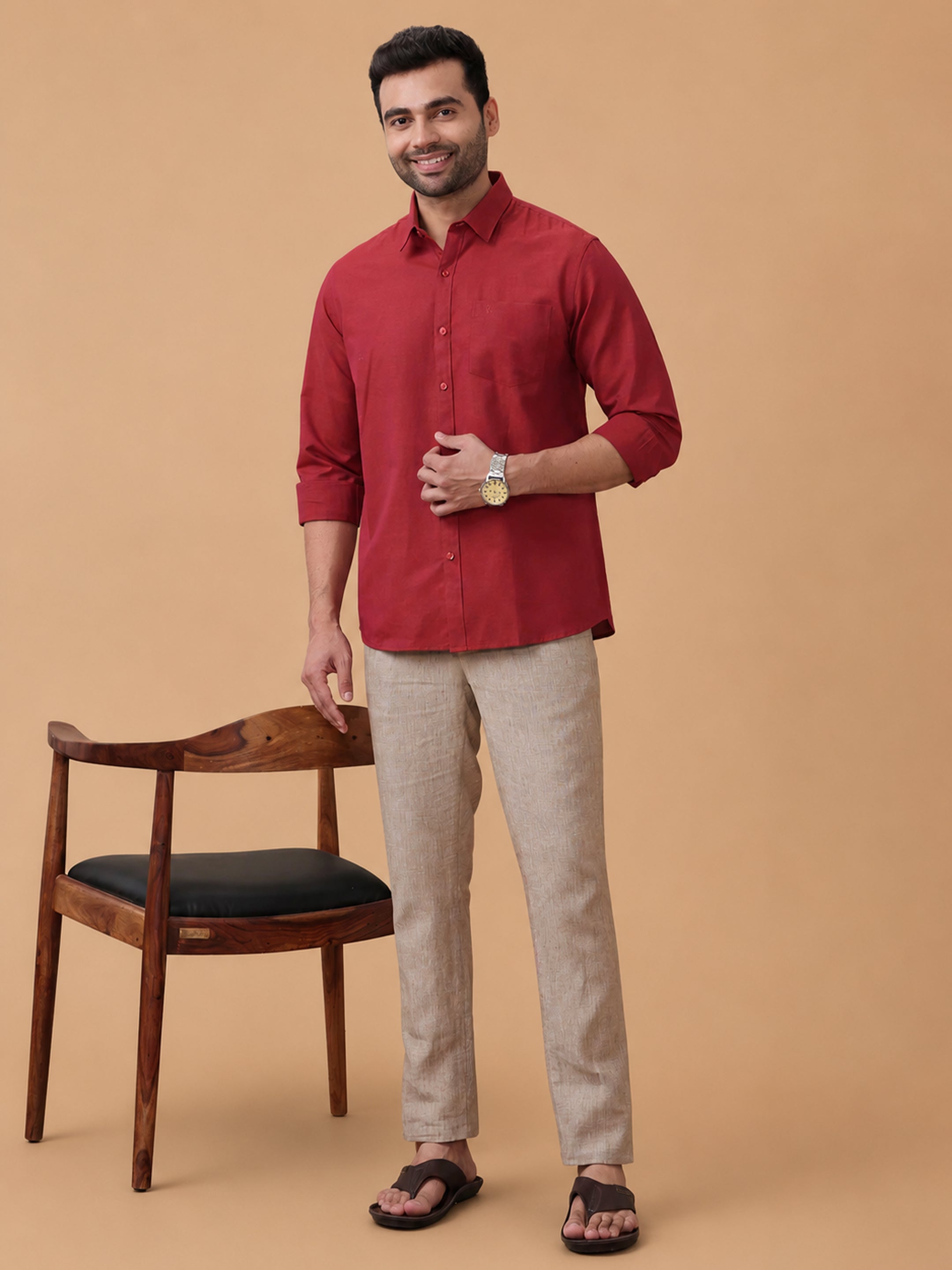 Linen Cotton Brick Red Regular Fit Shirt LF20