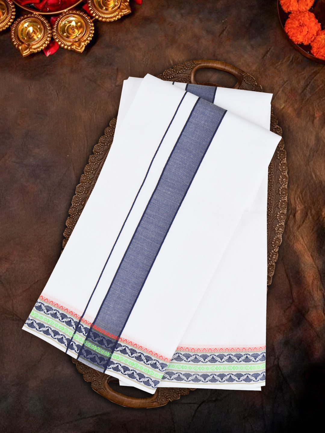 Men Cotton Navy Fancy Border Panchakacham with Angavasthram Srirasthu(9+5) SR56