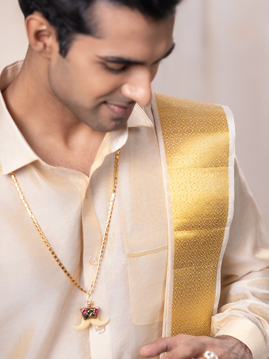 Pure Silk Embossed Tissue Jari Weaving Dhoti Shirting & Towel Set with 4" Jari Border – Rajahamsa