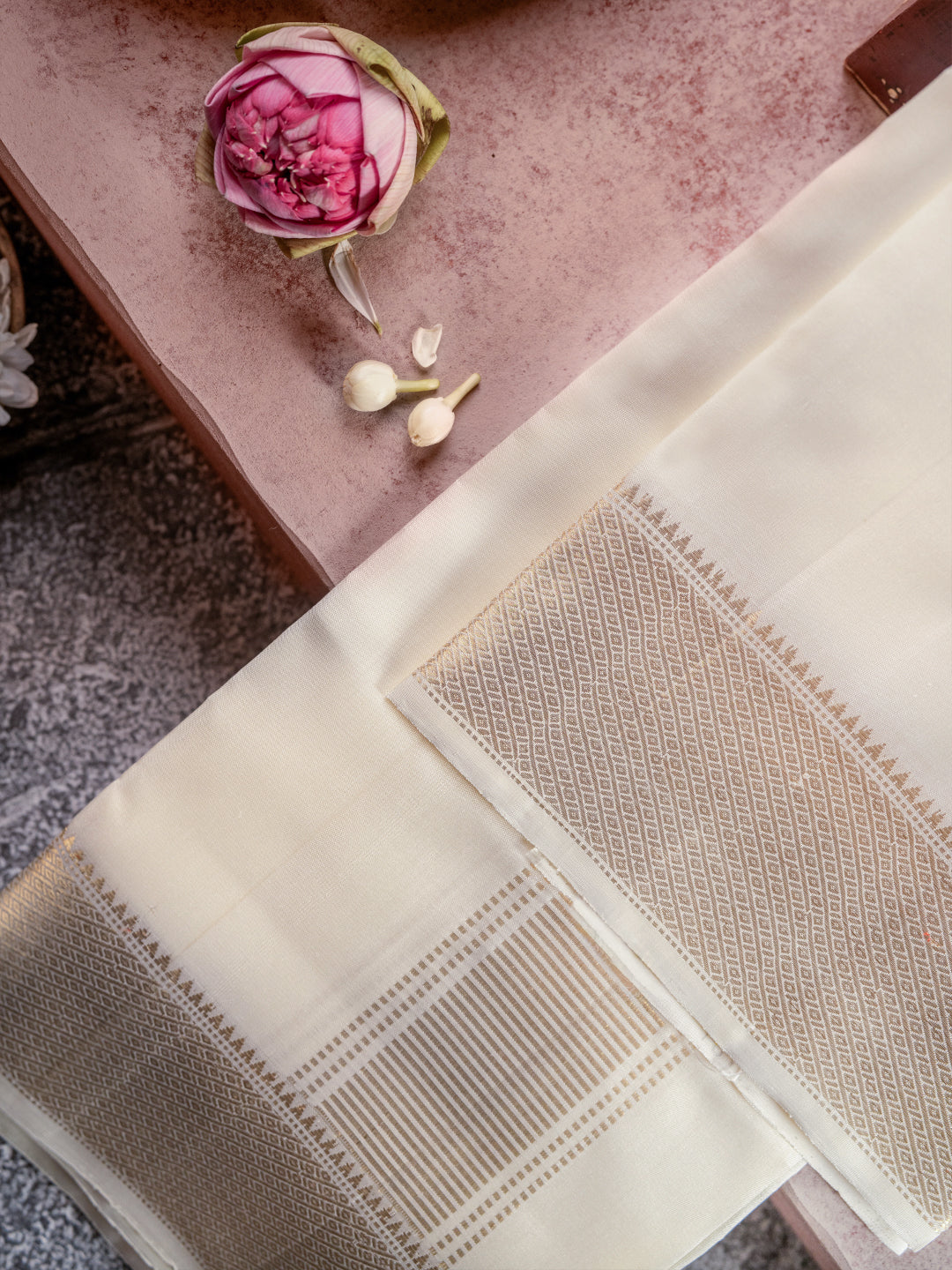 Pure Silk Cream Dhoti with 4" Gold Jari Border - Kalasam