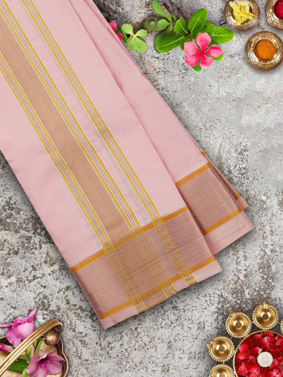Premium Pure Silk Baby Pink Plain Shirt Bit with 3" Gold Fancy Jari Border Dhoti & Angavasthram Set Rajahamsa