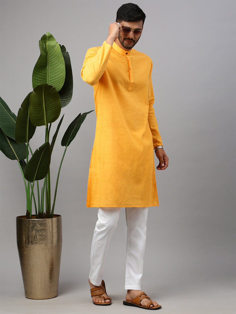 Mens Cotton Full Length Plain Pocket Kurta Yellow M17